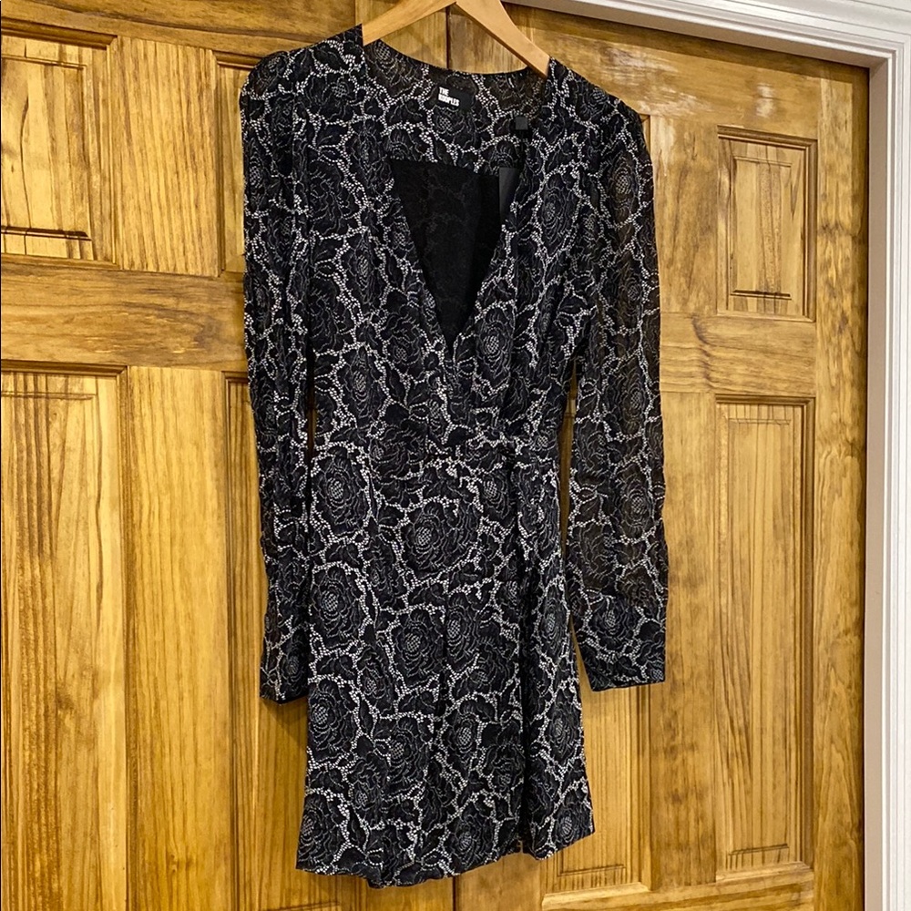 The Kooples Black and White lace print Dress with Plunge Neckline size 1
